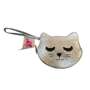 Luv Betsy By Betsy Johnson Silver sleeping kitty cat wristlet purse bag